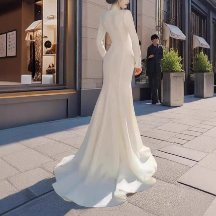 MAOXIANGSHOP 2025 Cross-border Spring Atmospheric Toast Wedding Host White Dress Annual Meeting Banquet Fishtail Long Sleeve Dress