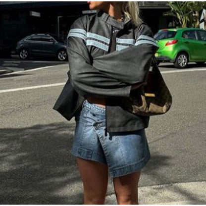 maoxiangshop going out outfits Striped Leather Jacket Coat 2024 Fashionable Women's Autumn and Winter Zipper Long Sleeve Coat