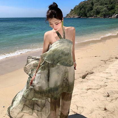 New Chinese Mori style national style, stomach covering fairy skirt temperament hanging neck floral green temperament dress women's summer