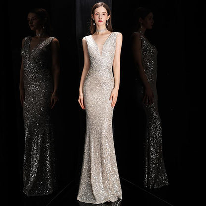 Champagne banquet evening dress long dress 2025 new temperament socialite fishtail sexy long sequined hosting dress