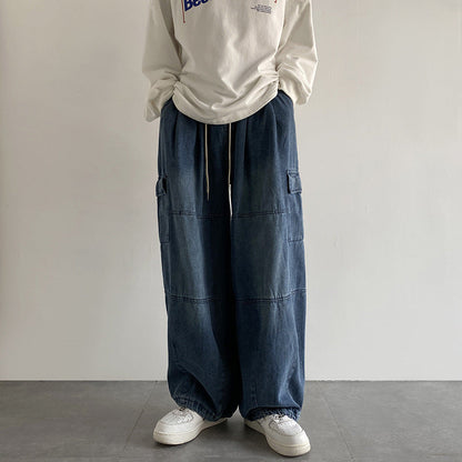maoxiangshop-shop summer outfits men 2024 Washed Jeans Men's Spring and Autumn Retro Loose Wide-Leg Ruffle Handsome Straight High Street Overalls Pants