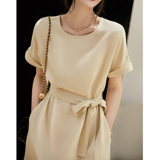 2025 High-end heavy silk, temperament lace-up dress, mulberry silk  women's new medium and long skirt summer