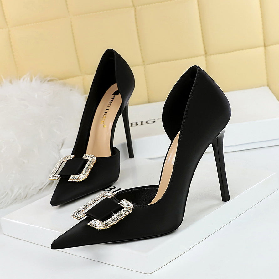 626-K6 2025 style sexy nightclub showing thin side hollow high heels women's shoes thin heel super high heel rhinestone buckle single shoes
