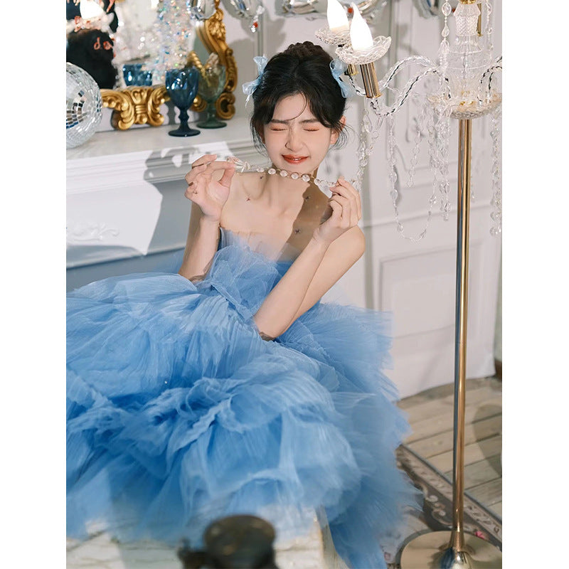 2025Studio theme blue tube top wedding dress sweet fashion super fairy princess style light luxury photography outdoor photo fluffy yarn