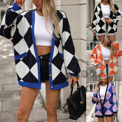 MAOXIANGSHOP New autumn and winter   new V-neck rhombus splicing contrasting color loose knitted cardigan jacket sweater women