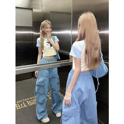 maoxiangshop-shop outfit ideas for school American Retro Overalls Women's Summer High Waist Straight Wide Leg Pants Design Loose Casual Mopping Pants