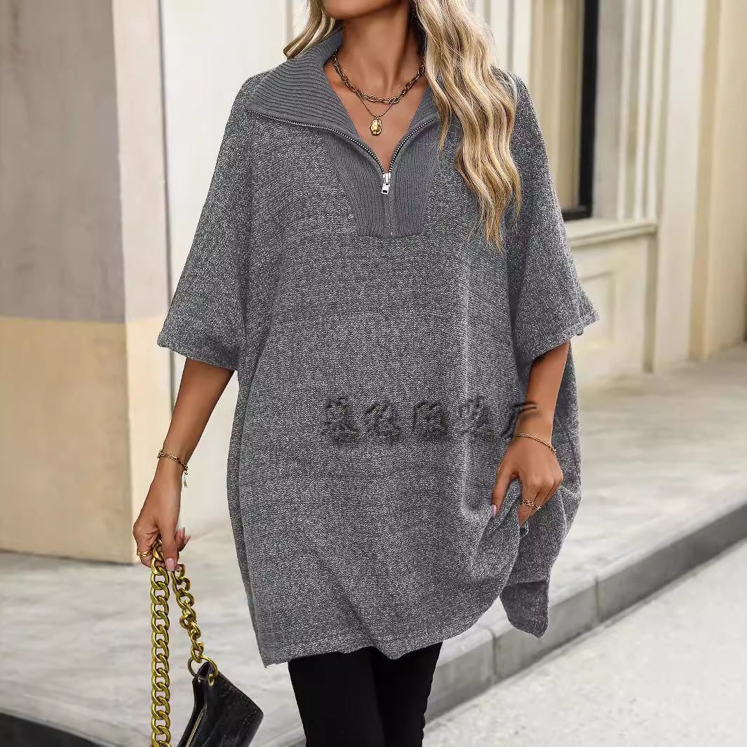 MAOXIANGSHOP New autumn and winter new   women's clothing fashion medium and long knitted sweater long-sleeved zipper lapel sweater women