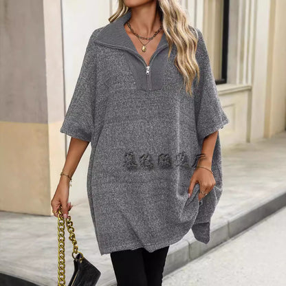 MAOXIANGSHOP New autumn and winter new   women's clothing fashion medium and long knitted sweater long-sleeved zipper lapel sweater women