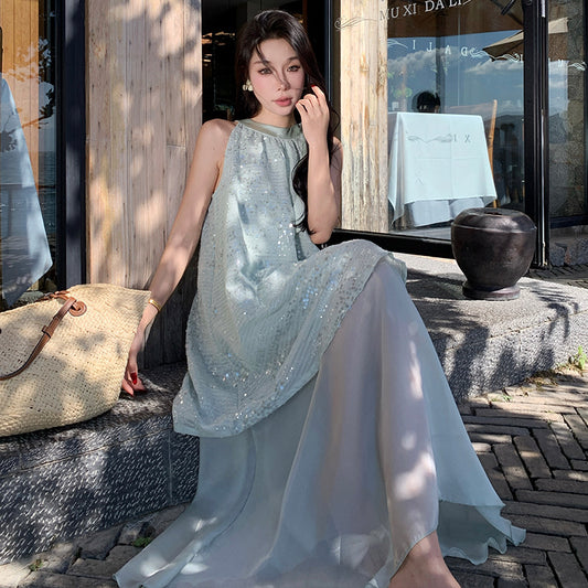 sequined holiday style skirt women's summer new bow sleeveless dress mesh stitching fake two-piece long dress