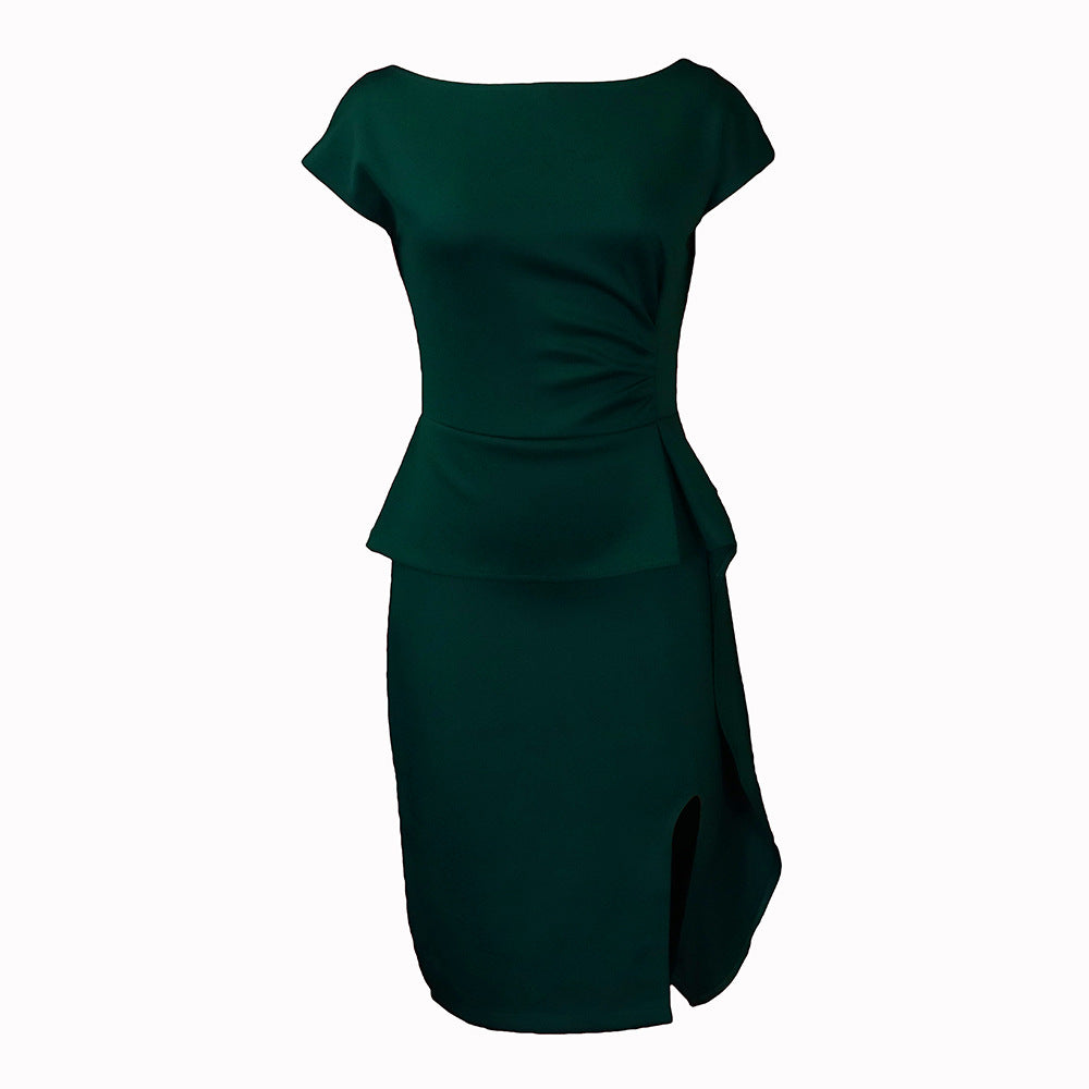 2025 D182 2025 large-size women's clothing popular summer new short-sleeved round neck solid color split-ended tight hip-wrapped Popular trade dress