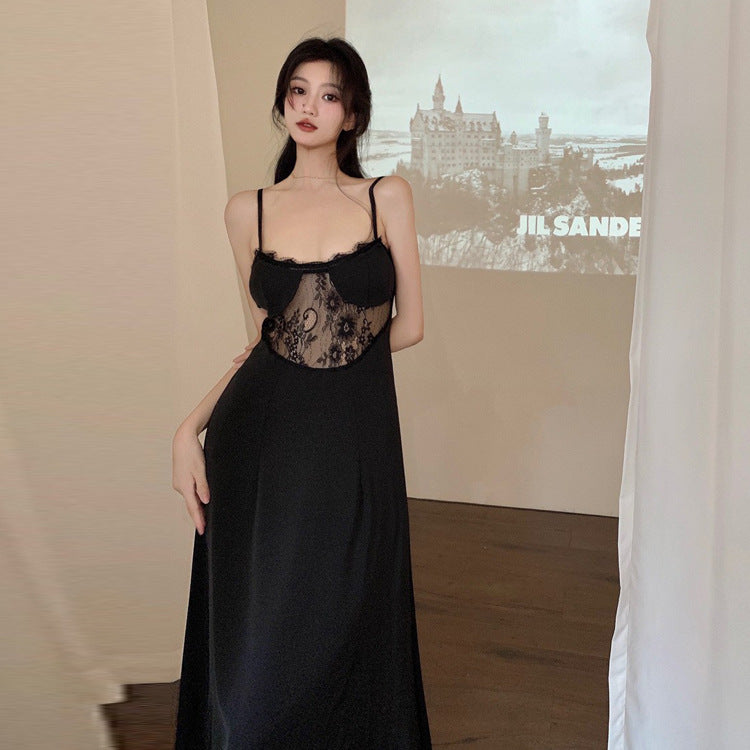 2025 Retro  temperament high-end long black small dress royal sister style hot girl sexy lace suspender dress