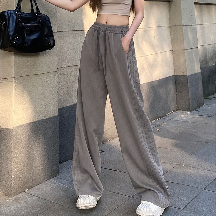 maoxiangshop-shop business casual outfits Retro Side Striped Casual Pants Women's Autumn New High Waist Loose Sports Pants Women's Wide Leg Mopping Pants