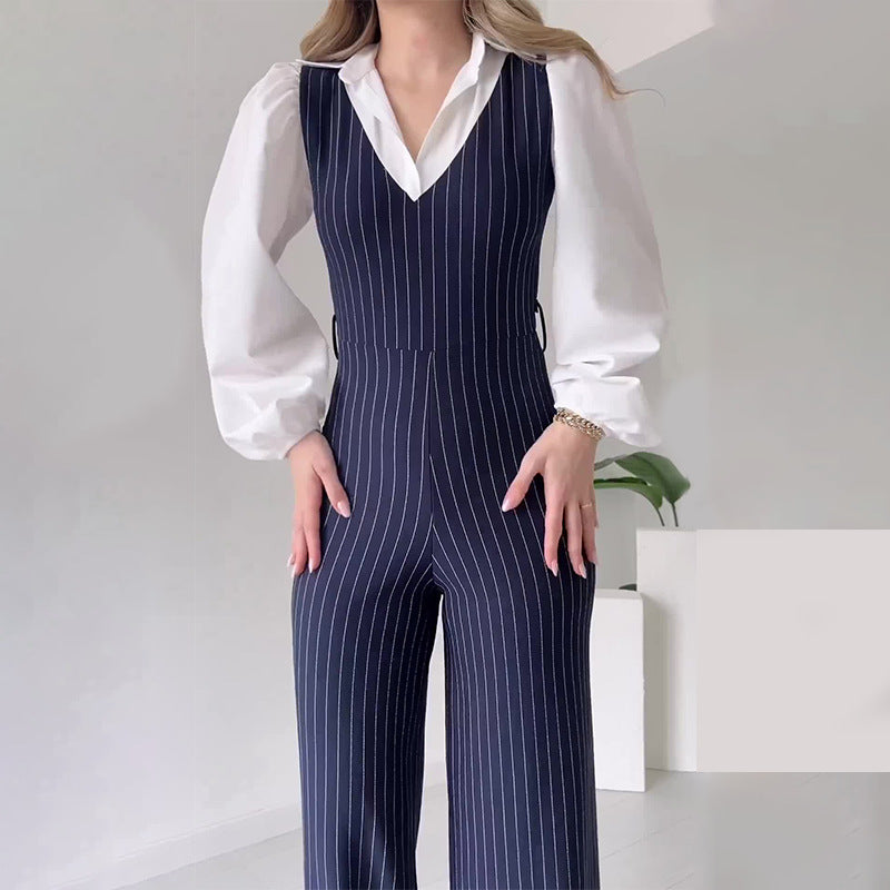 maoxiangshop-shop business casual outfits woman 2024 Women's Autumn Contrast Color Stitching Fashion High Waist Striped Straight Jumpsuit Women