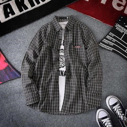 maoxiangshop-shop men fall outfits casual Colorful Plaid Couple Plaid Shirt Coat Long-Sleeved Shirt Youth Korean Casual Student Handsome Men's Shirt