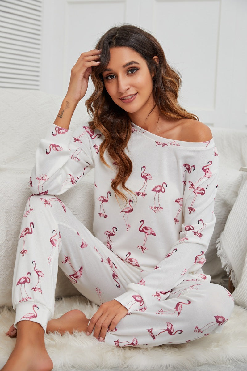 MAOXIANGSHOP 2025Spring and summer new  wish swan print round neck long sleeve pocket trousers casual suit home pajamas women