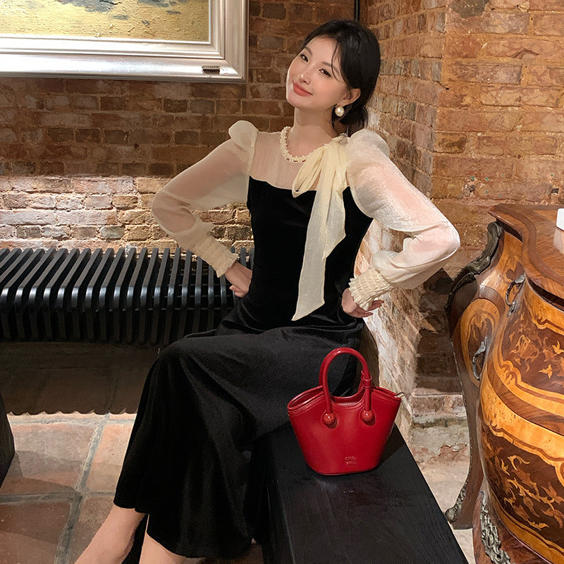 2025 popular autumn clothing new high waist temperament velvet lace-up dress high-end long dress children 88129