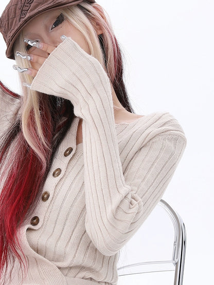design sense button straps sexy knitted cardigan autumn and winter popular pure desire style slim bottom top women