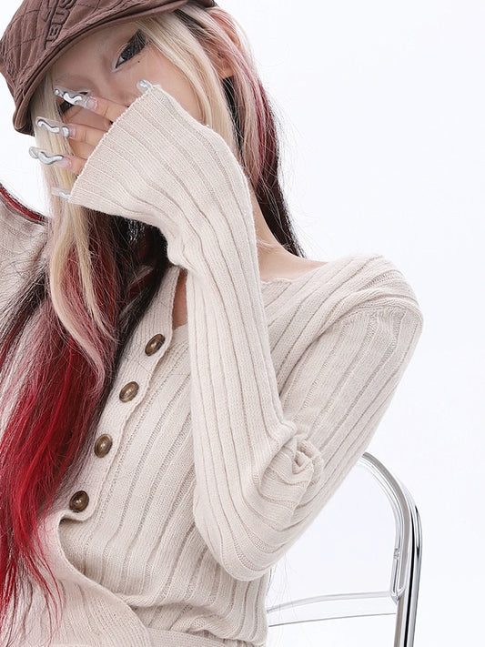 design sense button straps sexy knitted cardigan autumn and winter popular pure desire style slim bottom top women