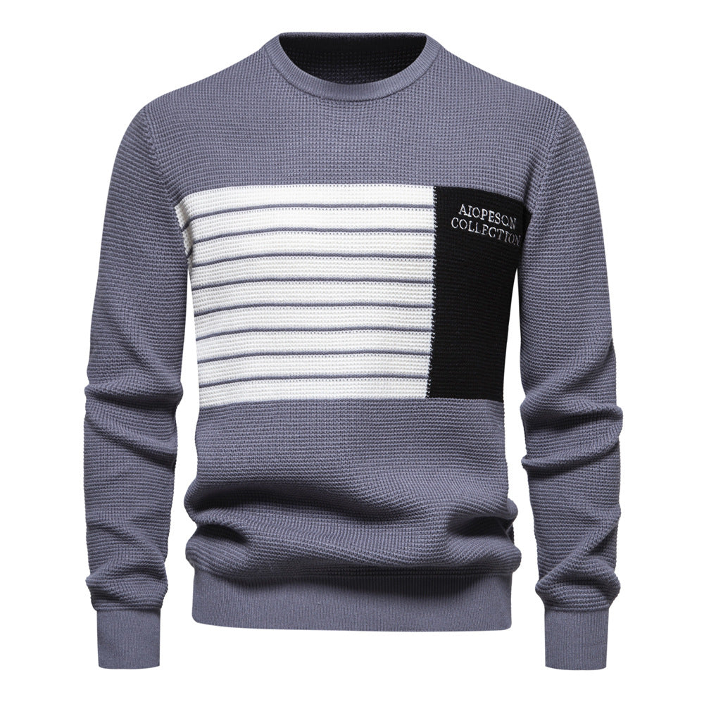 MAOXIANGSHOP 2025 Autumn new sweater men's striped splicing long-sleeved men's knitted sweater round neck trendy men's casual sweater