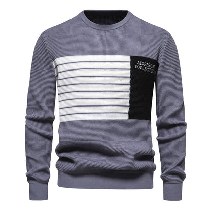 MAOXIANGSHOP 2025 Autumn new sweater men's striped splicing long-sleeved men's knitted sweater round neck trendy men's casual sweater