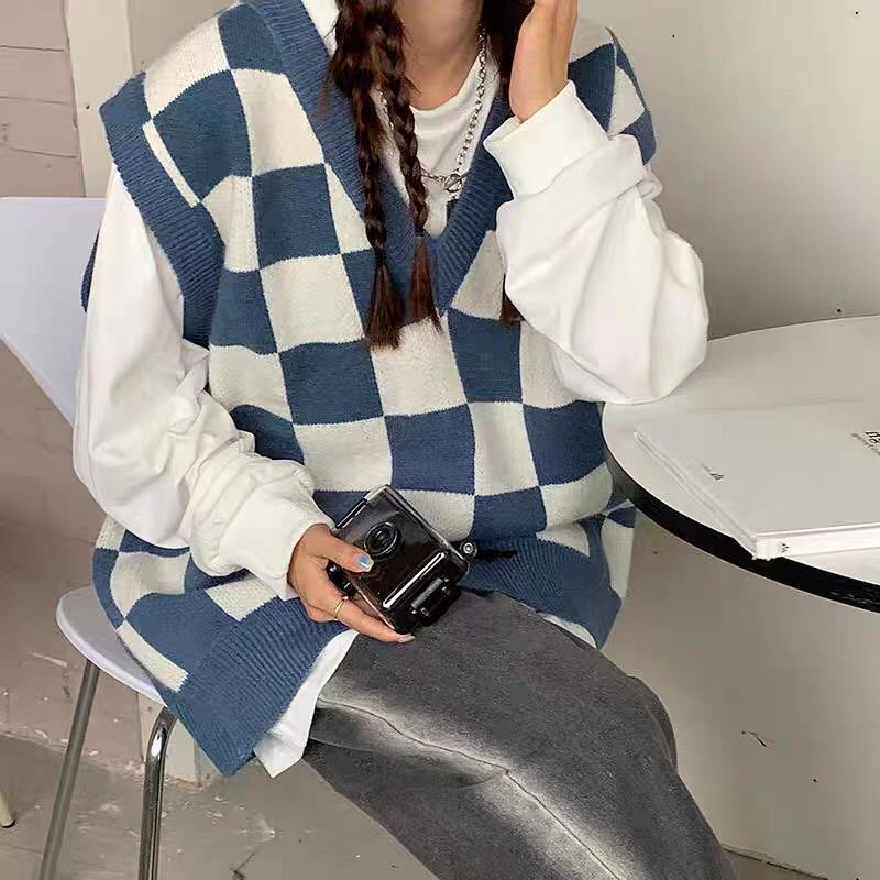 maoxiangshop-shop fall outfits black women Autumn and Winter Preppy Style All-Match Chessboard Plaid Sweater Vest Female Students Korean Style Loose Sleeveless Vest Knitted Outer Wear