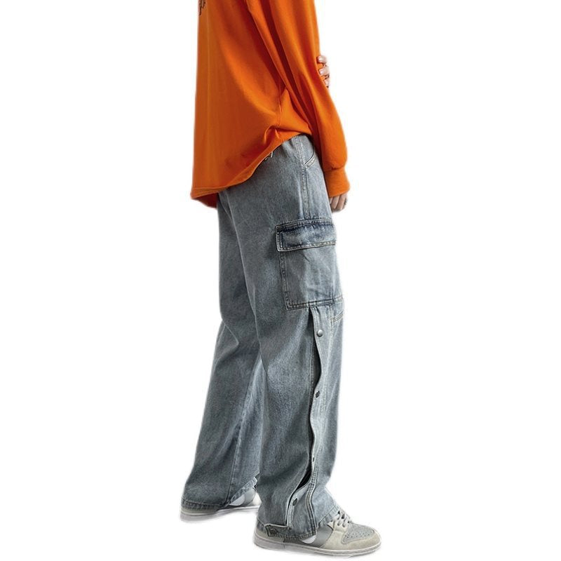 maoxiangshop first day of school outfit highschool American High Street Vibe Style Breasted Jeans Men's Loose Straight Japanese Retro Drape Casual Split Wide-Leg Pants