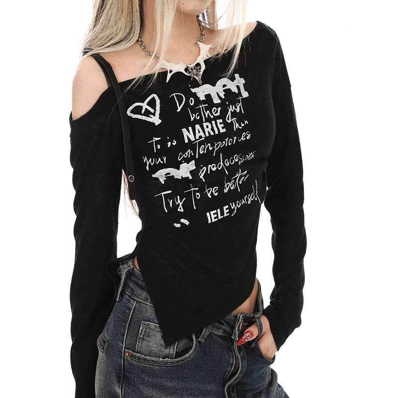 2025n trendy brand printing chic long-sleeved top women's spring and summer thin slim elastic one-word shoulder t-shirt