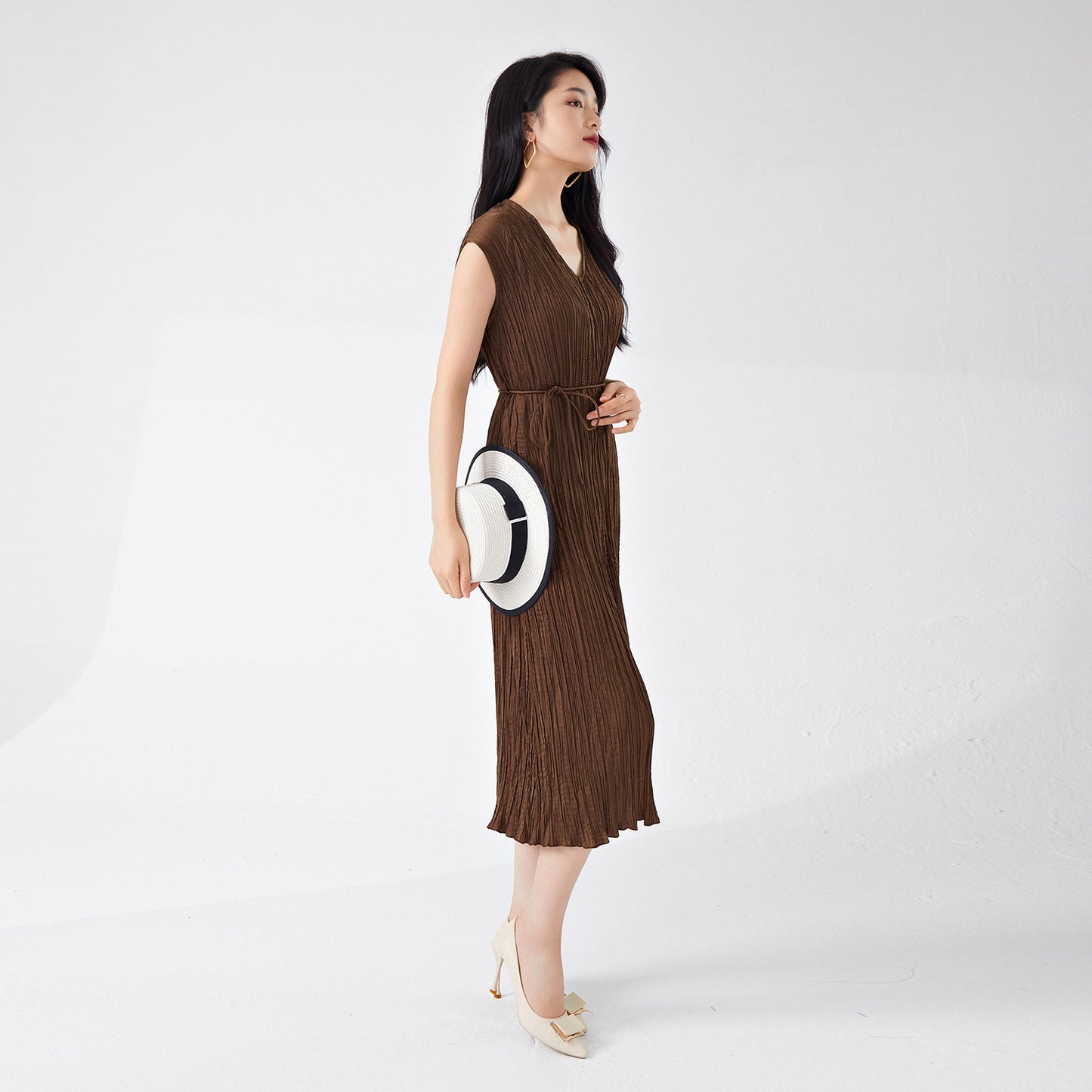 Women's clothing summer high-end wear loose large size lace-up and thin v-neck sleeveless a-word medium and long dress