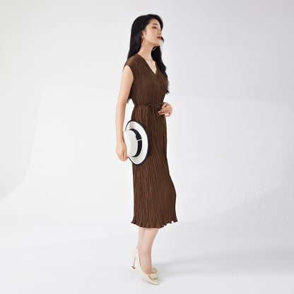 Women's clothing summer high-end wear loose large size lace-up and thin v-neck sleeveless a-word medium and long dress