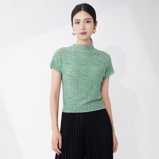 Pleated unique and beautiful t-shirt niche design sense fashionable age reduction loose meat cover commuting versatile short-sleeved top summer