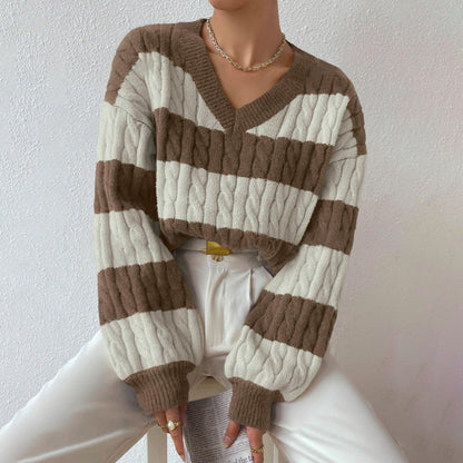 casual fall outfits Autumn and Winter Lazy Style New Knitwear Loose Fashion Women's V-neck Retro Contrast Color Striped Sweater