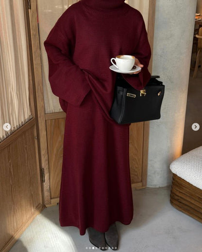 MAOXIANGSHOP 2025 Solid color knitted skirt set  New lazy loose long turtleneck sweater dress looks thin