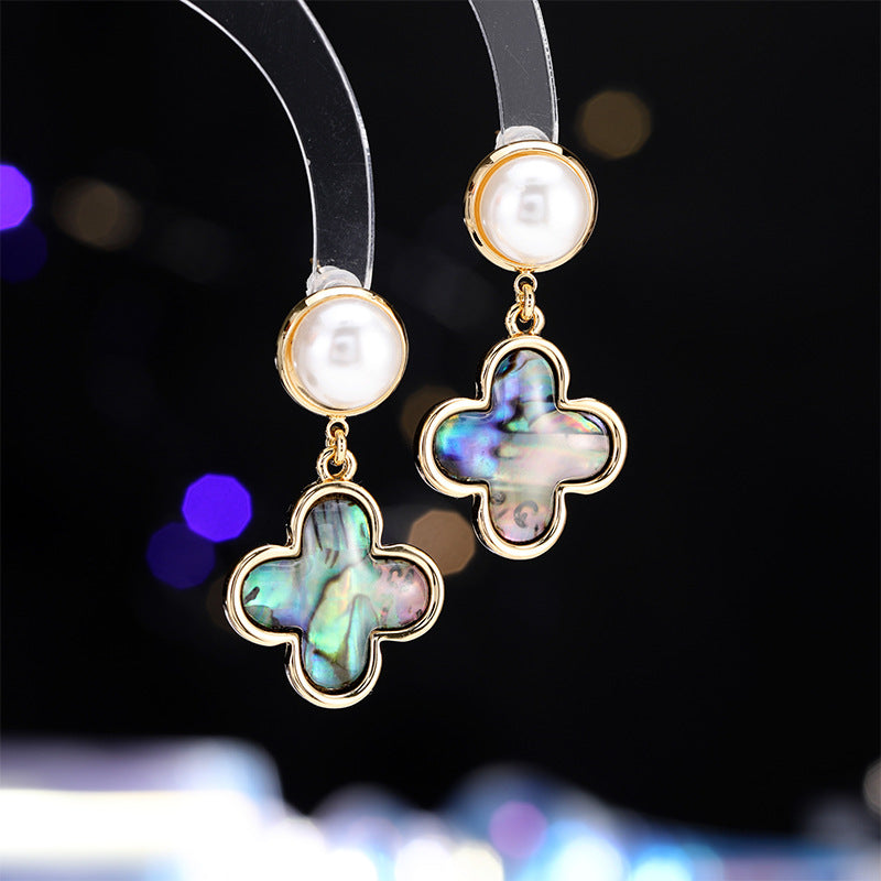 2025 retro colorful abalone shell lucky grass pearl earrings s925 silver needle niche high-end court style earrings