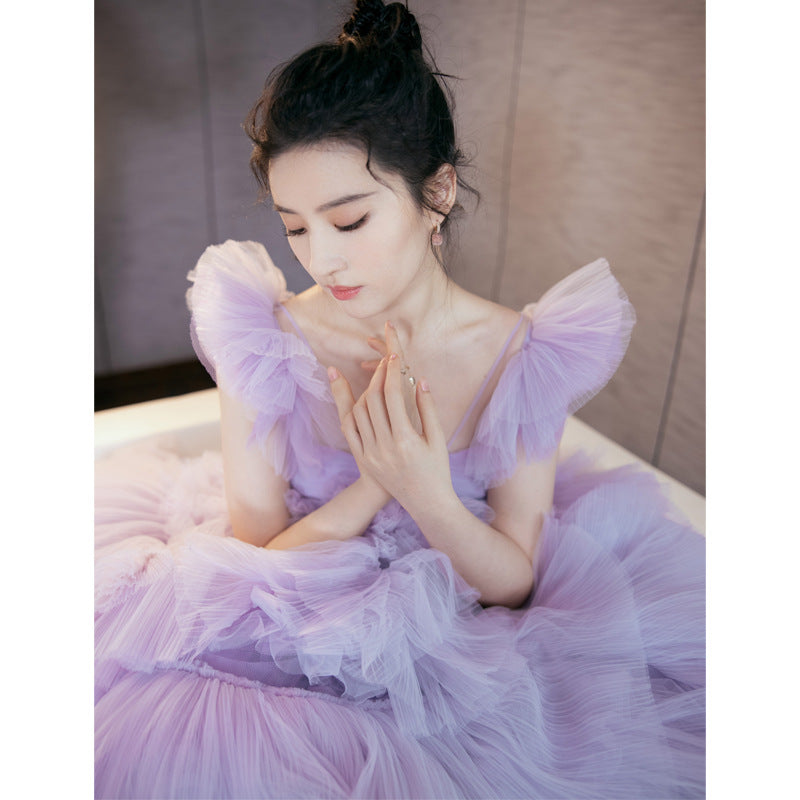 2025Liu Yifei same purple mesh dress cake skirt fairy birthday banquet performance annual banquet light luxury