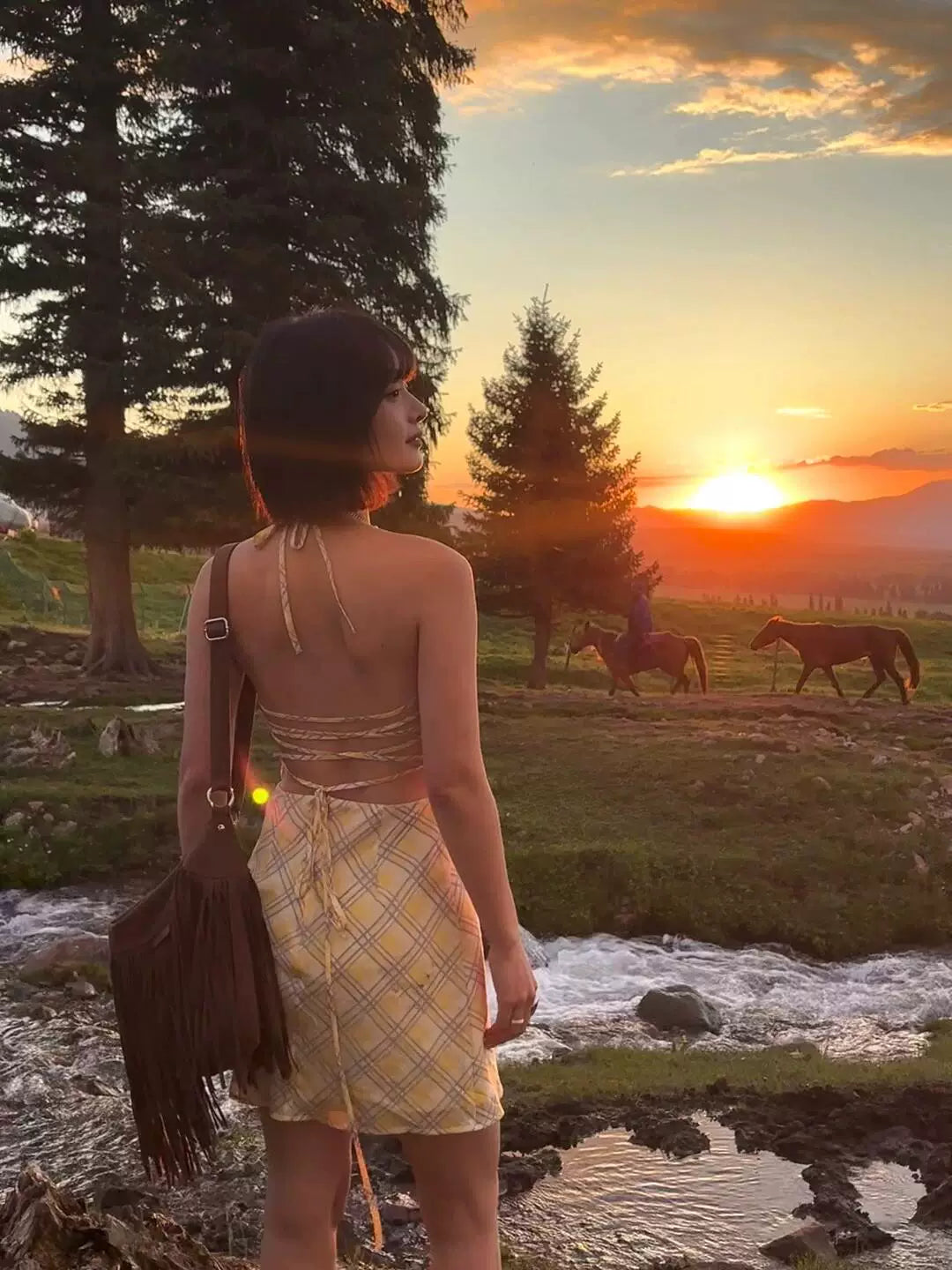 Iloveus summer lemonade vacation backless design hanging neck dress women's waist plaid skirt
