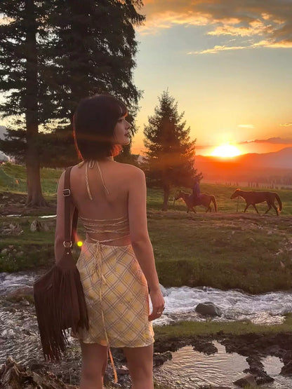 Iloveus summer lemonade vacation backless design hanging neck dress women's waist plaid skirt