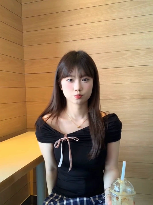 One-word neck bow tie-up black short-sleeved T-shirt women's summer pure desire wind sweet and spicy slim-fitting off-the-shoulder top