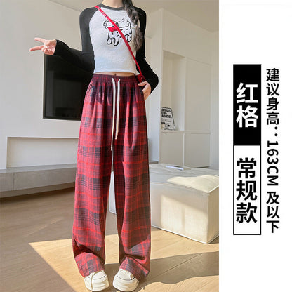 maoxiangshop-shop fall outfits aesthetic Retro Plaid Pants Women's Straight Pants Autumn and Winter New Brushed American Casual Pants High Waist Slimming Narrow Wide Leg Pants