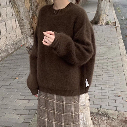 maoxiangshop 2000s fashion Women's Faux Mink Velvet Sweater Autumn and Winter Loose Soft Glutinous Lazy Wind Outerwear Mohair Sweater round Neck Top Thickened