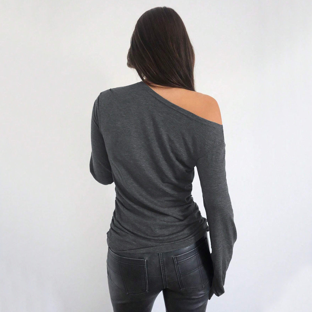 maoxiangshop 2000s fashion 2024 Women's Casual Trendy T-shirt Autumn and Winter Fashion All-Match Loose Slimming Oblique Collar Top
