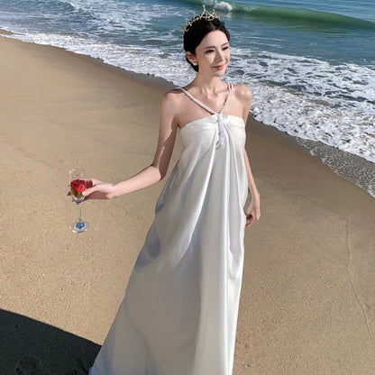 2025 satin tube top neck dress high-end morning robe toast dress temperament loose floor dress long dress