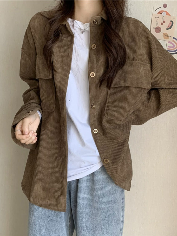 maoxiangshop-shop fall outfits aesthetic Early Spring Loose Mid-Length Shirt Retro Hong Kong Style Long Sleeve Corduroy Coat Women's Clothing Design Sense Niche Shirt