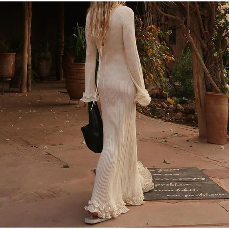 MAOXIANGSHOP 2025 Real shot - elegant round neck long-sleeved knitted long dress,  New slim-fitting high-waisted women's curled edge long dress