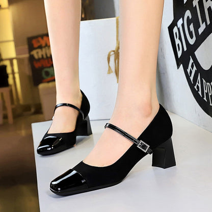 5296 2025 style women's shoes thick heel middle heel shallow mouth square head splicing word with rhinestone buckle suede leopard print single shoes