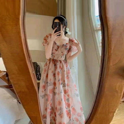 maoxiangshop Floral Summer Dress New Fashion Fairycore Puff Sleeve Ball Gown Birthday Dress for Women Short Sleeves Midi Dress