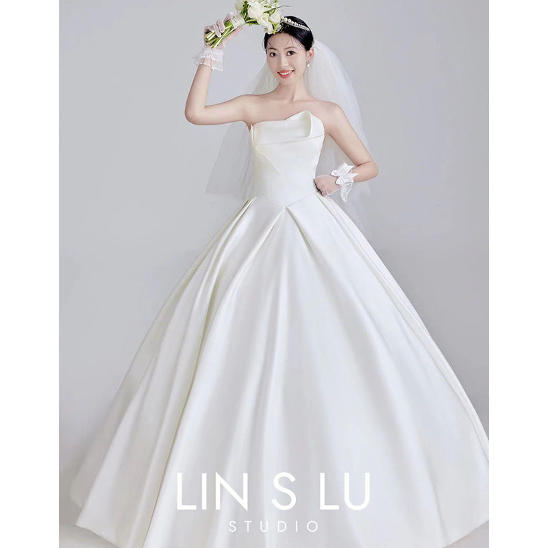 2025main wedding dress  temperament satin bubble sleeves wedding photography theme dress banquet long light wedding dress