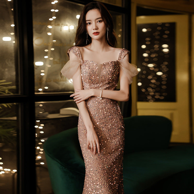 Banquet evening dress fishtail skirt 2025 new spring light luxury niche sequins annual meeting host performance dress skirt