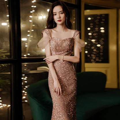 Banquet evening dress fishtail skirt 2025 new spring light luxury niche sequins annual meeting host performance dress skirt