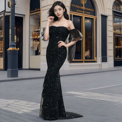 MAOXIANGSHOP 2025 spring 2025 new New Popular trade women's clothing independent station ebay sexy bright silk short-sleeved banquet dress