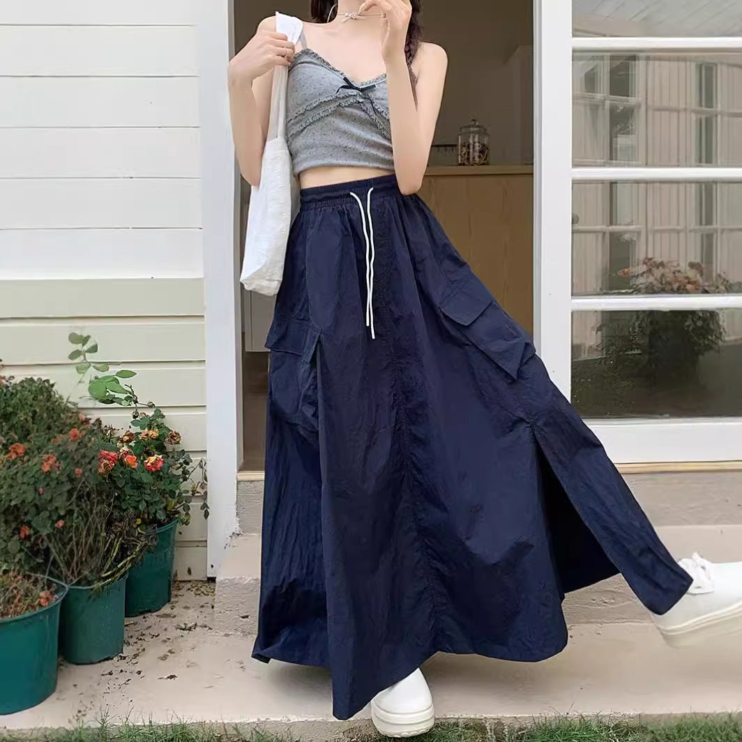 maoxiangshop 90s fashion 2024 Gentle Style Blue Drawstring Skirt Women's Early Autumn Lazy Slimming A- line Skirt Long Skirt